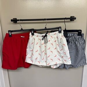 Gymshark Red Small, H&M Navy and White Striped, H&M Cream with Flamingos Shorts